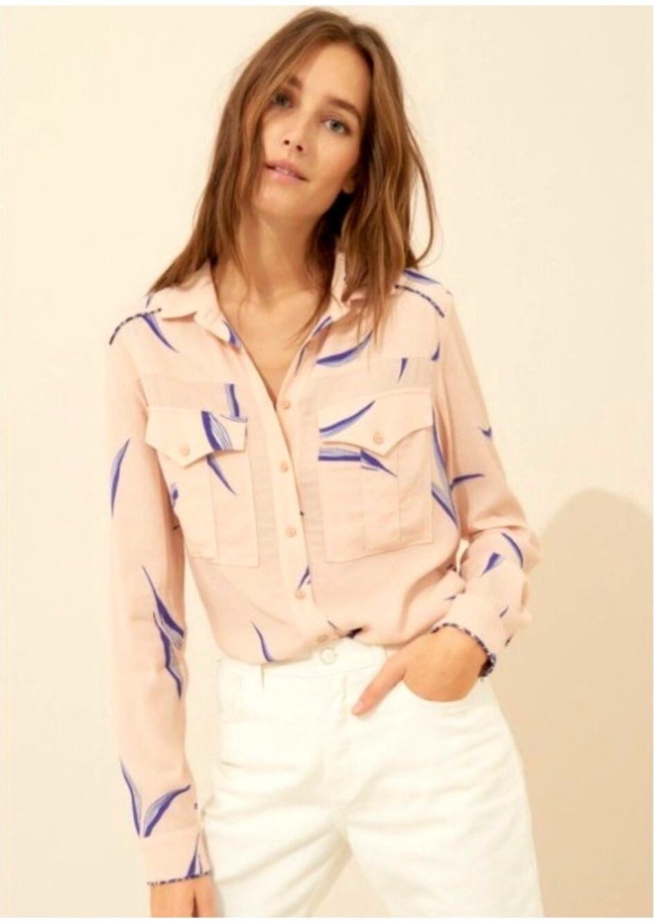 ba&sh Terry Shirt US 6 Blush Blue Print 100% Viscose Utility Pocket Blouse